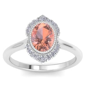 Retrograde Birthstones™ 1-1/5 Carat Oval Shape Morganite and Diamond Ring In 14K White Gold