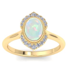 1-1/5 Carat Oval Shape Opal Ring and Diamonds In 14K Yellow Gold