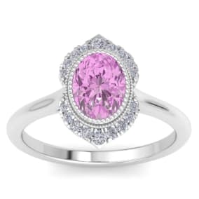 Retrograde Birthstones™ 1 3/4 Carat Oval Shape Pink Topaz and Diamond Ring In 14K White Gold