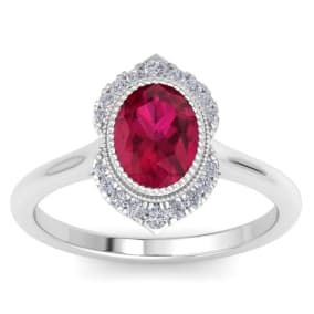 Retrograde Birthstones™ 1 3/4 Carat Oval Shape Ruby and Diamond Ring In 14K White Gold