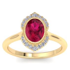Retrograde Birthstones™ 1 3/4 Carat Oval Shape Ruby and Diamond Ring In 14K Yellow Gold