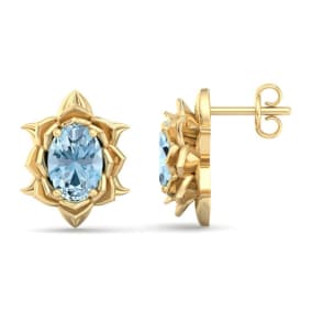 Retrograde Birthstones™ 1 1/2 Carat Oval Shape Aquamarine Ornate Stud Earrings In 14K Yellow Gold
