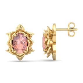 1-1/2 Carat Oval Shape Morganite Ornate Stud Earrings In 14K Yellow Gold