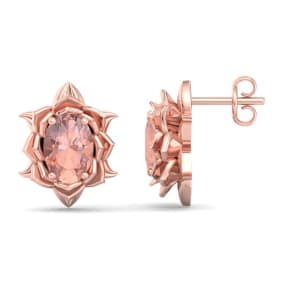 1-1/2 Carat Oval Shape Morganite Ornate Stud Earrings In 14K Rose Gold