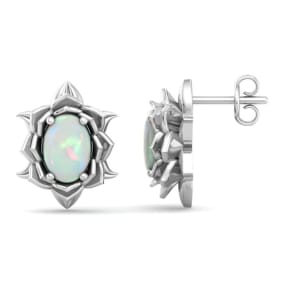 Retrograde Birthstones™ 1-1/2 Carat Oval Shape Opal Stud Earrings In 14K White Gold