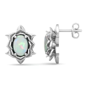 1-1/2 Carat Oval Shape Opal Stud Earrings In 14K White Gold