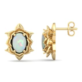 1-1/2 Carat Oval Shape Opal Stud Earrings In 14K Yellow Gold