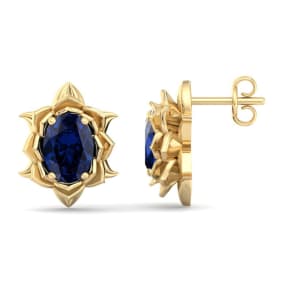 Retrograde Birthstones™ 2 Carat Oval Shape Sapphire Ornate Stud Earrings In 14K Yellow Gold