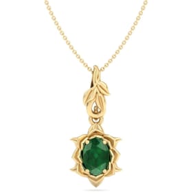 Retrograde Birthstones™ 3/4 Carat Oval Shape Emerald Necklaces With Ornate Vine Design In 14 Karat Yellow Gold, 18 Inch Chain