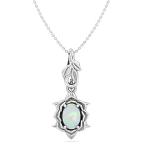 3/4 Carat Oval Shape Opal Ornate Necklace In 14K White Gold