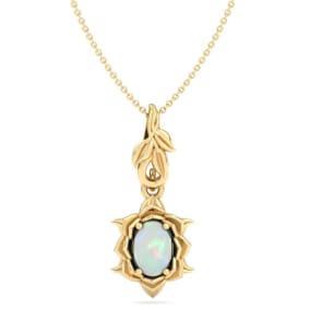 Retrograde Birthstones™ 3/4 Carat Oval Shape Opal Ornate Necklace In 14K Yellow Gold