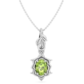 Retrograde Birthstones™ 1 Carat Oval Shape Peridot Ornate Necklace In 14K White Gold