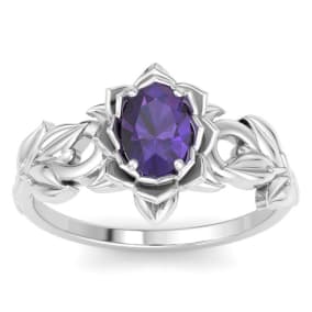 Retrograde Birthstones™ 3/4 Carat Oval Shape Amethyst Ornate Ring In 14K White Gold