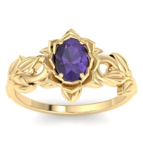 Retrograde Birthstones™ 3/4 Carat Oval Shape Amethyst Ornate Ring In 14K Yellow Gold