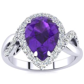 Retrograde Birthstones™ 2 1/2ct Pear Shape Amethyst and Diamond Ring in 14K White Gold