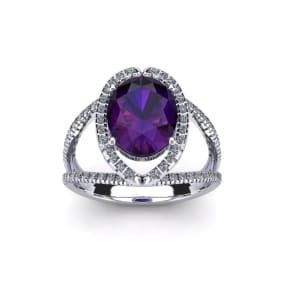 Retrograde Birthstones™ 1 1/2 Carat Oval Shape Amethyst and Halo Diamond Ring In 14 Karat White Gold