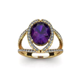 Retrograde Birthstones™ 1 1/2 Carat Oval Shape Amethyst and Halo Diamond Ring In 14 Karat Yellow Gold