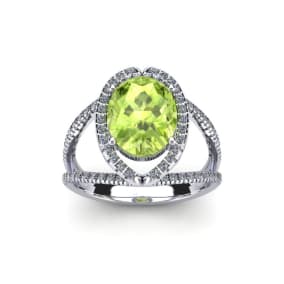 Retrograde Birthstones™ 1 3/4 Carat Oval Shape Peridot and Halo Diamond Ring In 14 Karat White Gold
