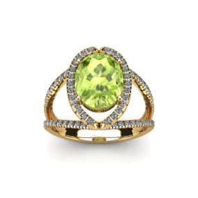 Retrograde Birthstones™ 1 3/4 Carat Oval Shape Peridot and Halo Diamond Ring In 14 Karat Yellow Gold