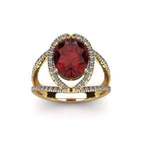 Retrograde Birthstones™ 2 Carat Oval Shape Garnet and Halo Diamond Ring In 14 Karat Yellow Gold
