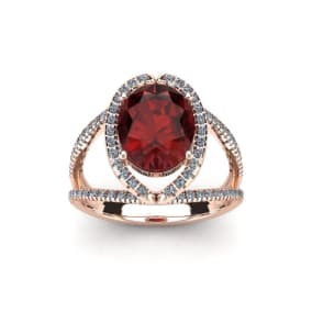 Garnet Ring: Garnet Jewelry: 2 Carat Oval Shape Garnet and Halo Diamond Ring In 14 Karat Rose Gold
