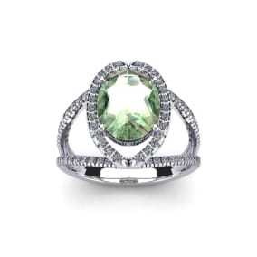 Retrograde Birthstones™ 1 1/2 Carat Oval Shape Green Amethyst and Halo Diamond Ring In 14 Karat White Gold
