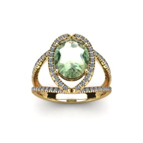 Retrograde Birthstones™ 1 1/2 Carat Oval Shape Green Amethyst and Halo Diamond Ring In 14 Karat Yellow Gold

