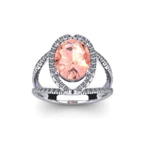 Retrograde Birthstones™ 1-1/2 Carat Oval Shape Morganite and Halo Diamond Ring In 14 Karat White Gold
