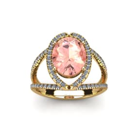 Retrograde Birthstones™ 1-1/2 Carat Oval Shape Morganite and Halo Diamond Ring In 14 Karat Yellow Gold
