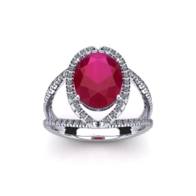 Retrograde Birthstones™ 2 Carat Oval Shape Ruby and Halo Diamond Ring In 14 Karat White Gold
