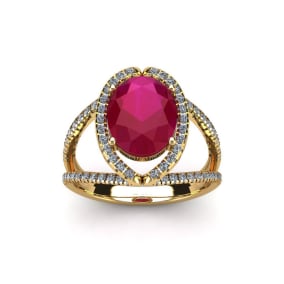 Retrograde Birthstones™ 2 Carat Oval Shape Ruby and Halo Diamond Ring In 14 Karat Yellow Gold
