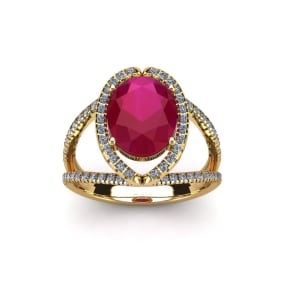 2 Carat Oval Shape Ruby and Halo Diamond Ring In 14 Karat Yellow Gold