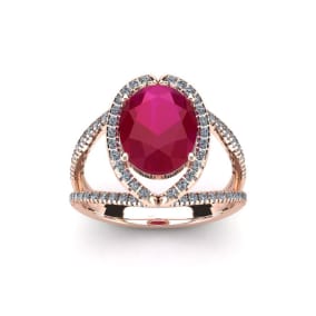 2 Carat Oval Shape Ruby and Halo Diamond Ring In 14 Karat Rose Gold