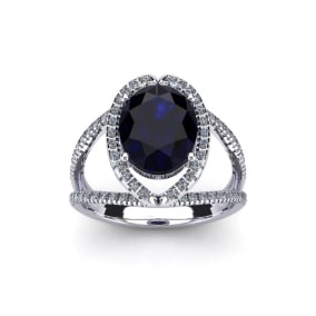 Retrograde Birthstones™ 2 Carat Oval Shape Sapphire and Halo Diamond Ring In 14 Karat White Gold