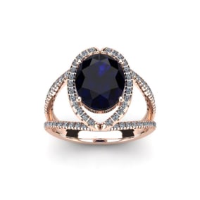 2 Carat Oval Shape Sapphire and Halo Diamond Ring In 14 Karat Rose Gold