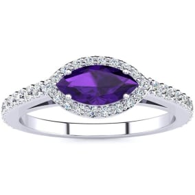 Retrograde Birthstones™ 3/4 Carat Marquise Shape Amethyst and Halo Diamond Ring In 14 Karat White Gold