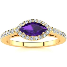 Retrograde Birthstones™ 3/4 Carat Marquise Shape Amethyst and Halo Diamond Ring In 14 Karat Yellow Gold