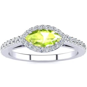 Retrograde Birthstones™ 3/4 Carat Marquise Shape Peridot and Halo Diamond Ring In 14 Karat White Gold