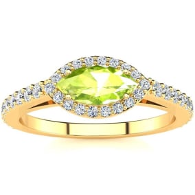 Retrograde Birthstones™ 3/4 Carat Marquise Shape Peridot and Halo Diamond Ring In 14 Karat Yellow Gold