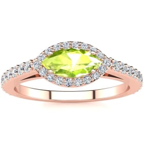 3/4 Carat Marquise Shape Peridot and Halo Diamond Ring In 14 Karat Rose Gold