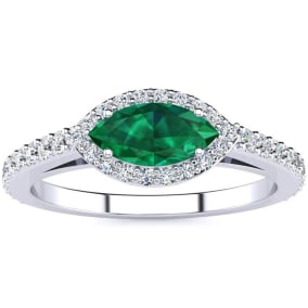 3/4 Carat Marquise Shape Emerald and Halo Diamond Ring In 14 Karat White Gold