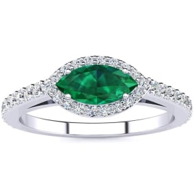 Retrograde Birthstones™ 3/4 Carat Marquise Shape Emerald and Halo Diamond Ring In 14 Karat White Gold