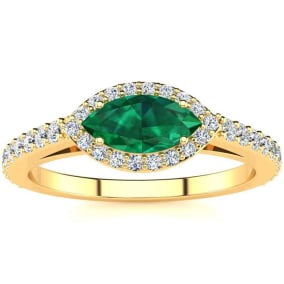 Retrograde Birthstones™ 3/4 Carat Marquise Shape Emerald and Halo Diamond Ring In 14 Karat Yellow Gold