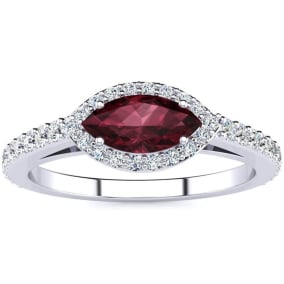 Retrograde Birthstones™ 1 Carat Marquise Shape Garnet and Halo Diamond Ring In 14 Karat White Gold
