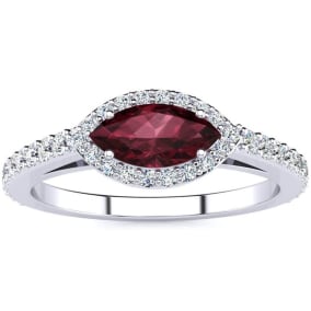 Garnet Ring: Garnet Jewelry: 1 Carat Marquise Shape Garnet and Halo Diamond Ring In 14 Karat White Gold