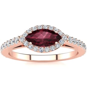 Garnet Ring: Garnet Jewelry: 1 Carat Marquise Shape Garnet and Halo Diamond Ring In 14 Karat Rose Gold