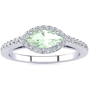 Retrograde Birthstones™ 3/4 Carat Marquise Shape Green Amethyst and Halo Diamond Ring In 14 Karat White Gold