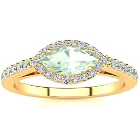 Retrograde Birthstones™ 3/4 Carat Marquise Shape Green Amethyst and Halo Diamond Ring In 14 Karat Yellow Gold
