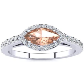 Retrograde Birthstones™ 3/4 Carat Marquise Shape Morganite and Halo Diamond Ring In 14 Karat White Gold