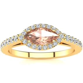 3/4 Carat Marquise Shape Morganite and Halo Diamond Ring In 14 Karat Yellow Gold